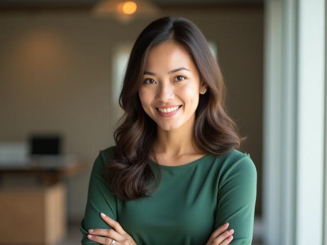 Larawan ni Engr. Elena Santos, Tagapagtatag at Lead Architect ng Likas Loft, nakangiti sa isang modernong opisina.